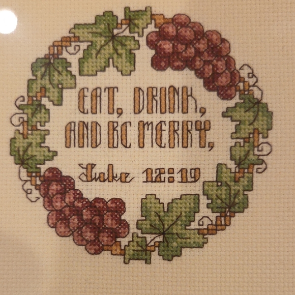 Hand Stitched Grape Wreath In Burgandy And Green Professionally Framed - Picture 2 of 4